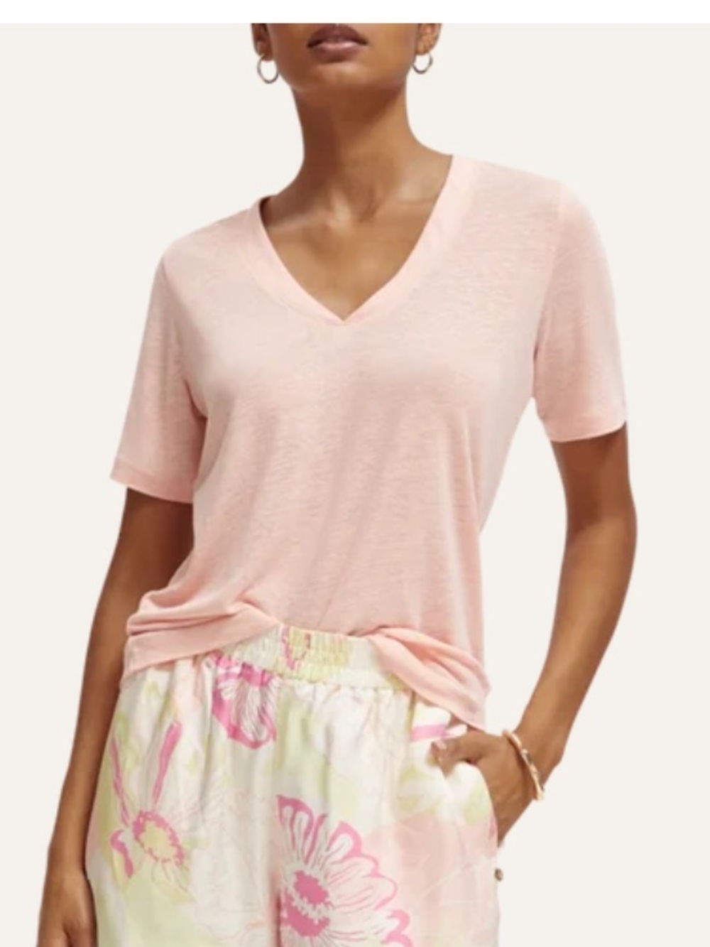 Scotch & Soda Salmon V-Neck Linen Tee